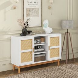 Costway 120CM Sideboard Buffet Cabinet Floor Storage Cabinet w/ 3 Open Shelves in White - thumbnail 3