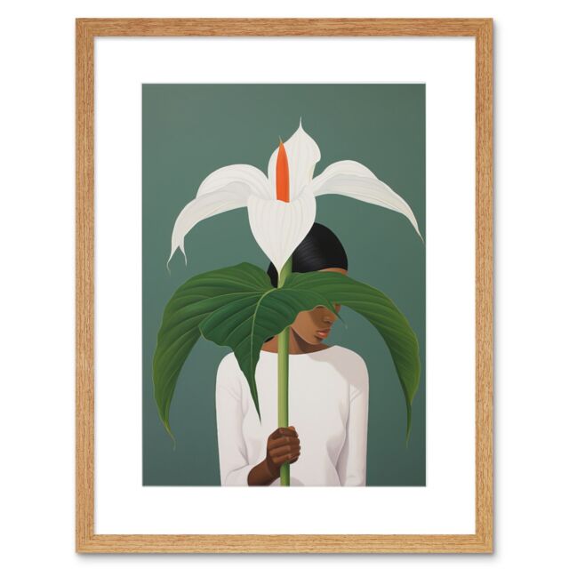 Artery8 Wall Art Print Giant Peace Lily Showcase Realistic Oil Painting White Teal Green Woman with Flower Minimalist Artwork Framed 9X7 Inch - image 1