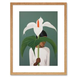 Artery8 Wall Art Print Giant Peace Lily Showcase Realistic Oil Painting White Teal Green Woman with Flower Minimalist Artwork Framed 9X7 Inch - thumbnail 1