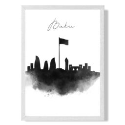ARTZE Baku Watercolour Skyline City Framed Print SIZE: A4 with White Frame in Black - thumbnail 1
