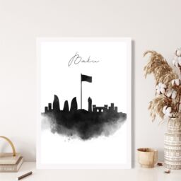 ARTZE Baku Watercolour Skyline City Framed Print SIZE: A4 with White Frame in Black - thumbnail 2