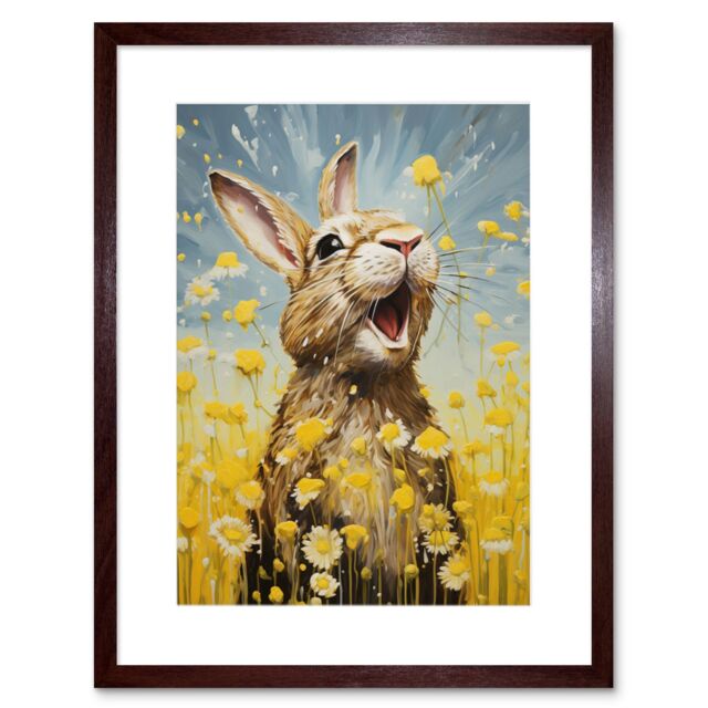 Artery8 Wall Art Print The Happy Bunny Rabbit Playing in a Field of Daisies Vibrant Oil Painting Kids Bedroom Blue Yellow Bright Summer Meadow - image 1