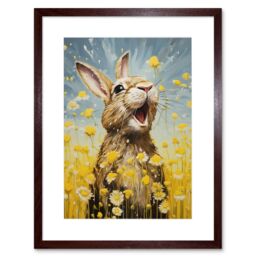 Artery8 Wall Art Print The Happy Bunny Rabbit Playing in a Field of Daisies Vibrant Oil Painting Kids Bedroom Blue Yellow Bright Summer Meadow - thumbnail 1