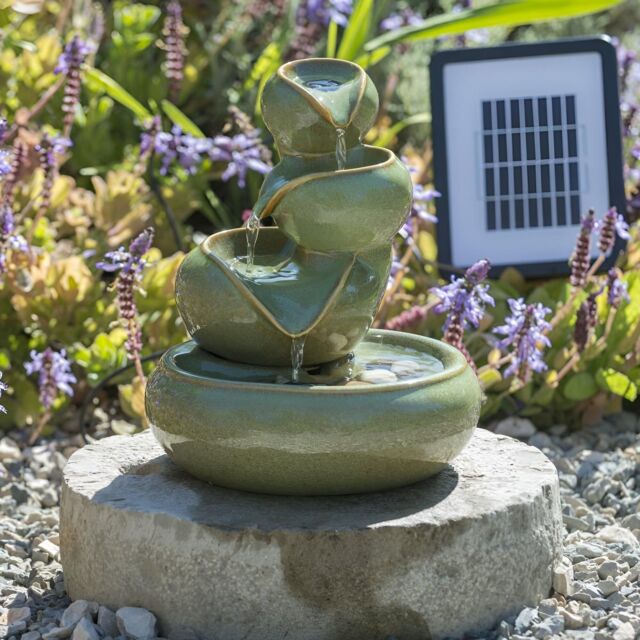 Primrose Ceramic 'Cosmos' Oil Jar Solar Powered Water Feature Outdoor 25cm in Green - image 1