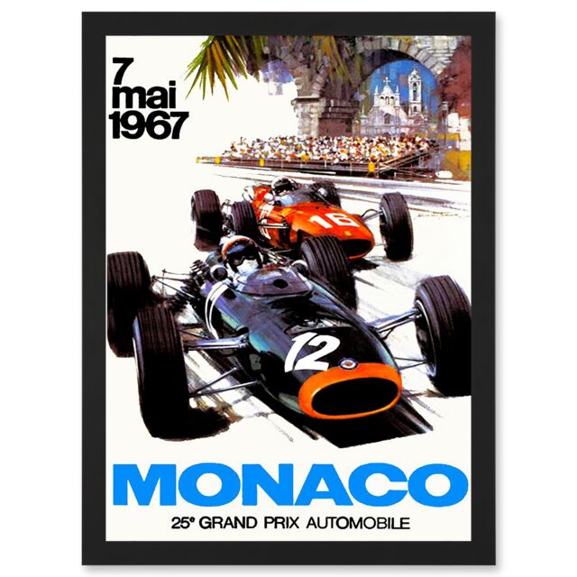 Artery8 Transport Monaco 25 Grand Prix Automobile 1967 Race A4 Artwork Framed Wall Art Print in Black - image 1