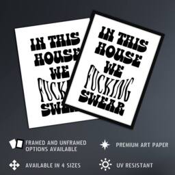 "Artery8 In This House We Swear Black White Funny Cheeky Wall Art Print - Size: W12"" x H16""" - thumbnail 2