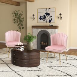 HOMCOM Velvet Shell Accent Chair for Bedroom with Metal Legs Set of 2 in Pink