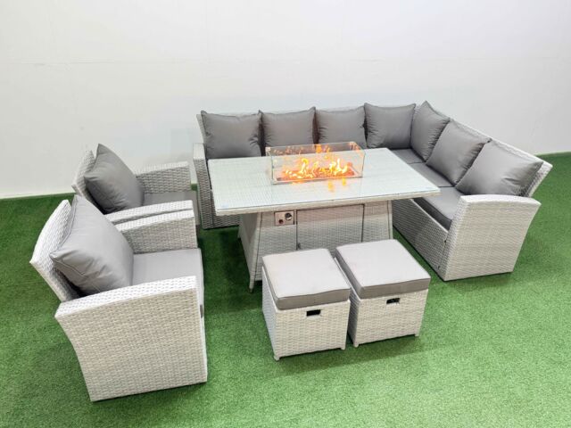 Fimous Outdoor Furniture Garden Dining Set Gas Firepit Table with 2 Footstool in Light Grey - image 1