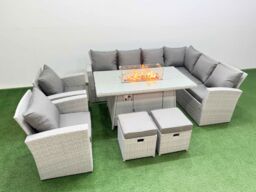 Fimous Outdoor Furniture Garden Dining Set Gas Firepit Table with 2 Footstool in Light Grey