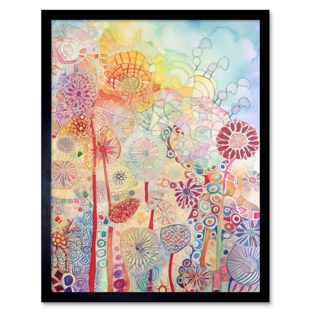 "Artery8 Wall Art Print Lace Pattern Flowers Multicoloured Folk Art Watercolour Painting Art Framed in Black - Size: W12"" x H16""" - image 1