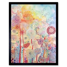 "Artery8 Wall Art Print Lace Pattern Flowers Multicoloured Folk Art Watercolour Painting Art Framed in Black - Size: W12"" x H16""" - thumbnail 1