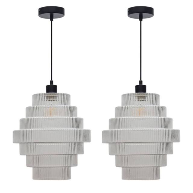 First Choice Lighting Set of 2 Benson - 7 Tier Large Glass & Black Ceiling Pendant Lights in Clear - image 1
