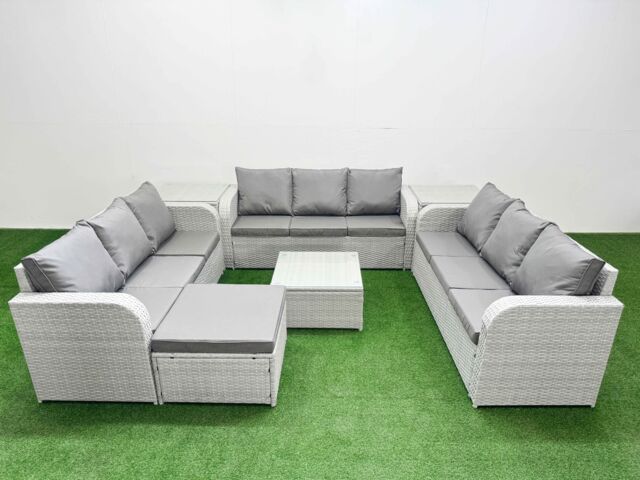 Fimous PE Rattan Lounge Sofa Set 10 Seater Outdoor Garden Furniture Set with Square Coffee Table 3 Seater Sofa Big Footstool 2 Side Table Light Grey - image 1