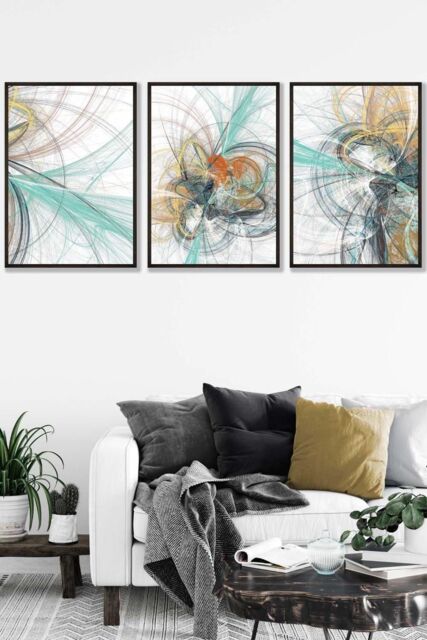 ARTZE Set of 3 Black Framed Abstract Green Yellow Grey Mixed Media Fractal Wall Art in Bright Yellow - Size: W33 cm x H45 cm x D20mm - image 1