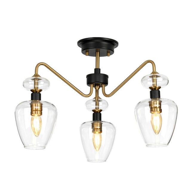 Loops 3 Bulb Semi Flush Light Aged Brass Finish Charcoal Black Paint LED E14 40W - image 1