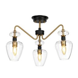 Loops 3 Bulb Semi Flush Light Aged Brass Finish Charcoal Black Paint LED E14 40W - thumbnail 1