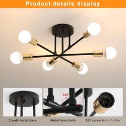 Goeco Sputnik Ceiling Lights 6 Arms Diameter 52cm Chandelier 180° Adjustable in Black - thumbnail 4
