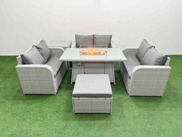 Fimous 7 Seater PE Wicker Rattan Furniture Sofa Sets with Firepit Dining Table 2 Seater Love Sofa Big Footstool Side Table Light Grey - image 1