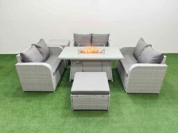 Fimous 7 Seater PE Wicker Rattan Furniture Sofa Sets with Firepit Dining Table 2 Seater Love Sofa Big Footstool Side Table Light Grey - thumbnail 1