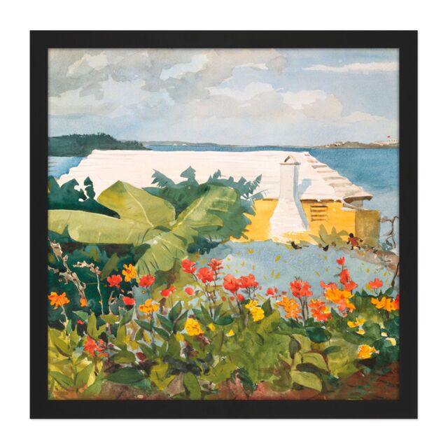 "Artery8 Wall Art Print Homer Flower Garden Bungalow Bermuda Painting Square Framed Picture 16X16 Inch in Black - Size: W16"" x H16""" - image 1