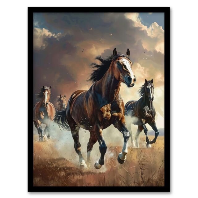 "Artery8 Wild Horses Galloping Field Atmospheric Sunset Framed Art Print in Brown - Size: W12"" x H16""" - image 1