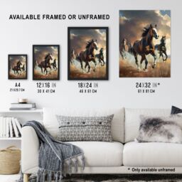 "Artery8 Wild Horses Galloping Field Atmospheric Sunset Framed Art Print in Brown - Size: W12"" x H16""" - thumbnail 3