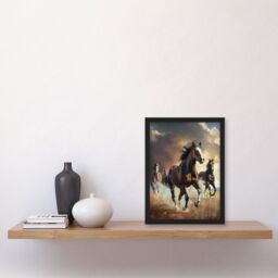 "Artery8 Wild Horses Galloping Field Atmospheric Sunset Framed Art Print in Brown - Size: W12"" x H16""" - thumbnail 4