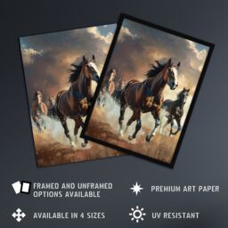 "Artery8 Wild Horses Galloping Field Atmospheric Sunset Framed Art Print in Brown - Size: W12"" x H16""" - thumbnail 2