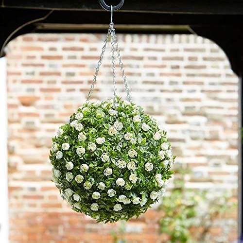 Marco Paul Artificial Topiary Ball Hanging Fake Flowers White Roses in Bottle Green