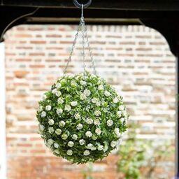 Marco Paul Artificial Topiary Ball Hanging Fake Flowers White Roses in Bottle Green - thumbnail 1