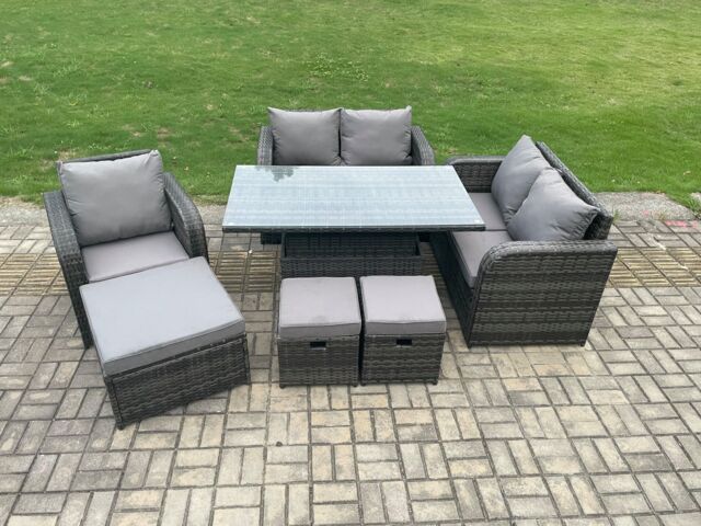 Fimous Rattan Furniture Garden Dining Set Outdoor Height Adjustable Rising lifting Table Love Sofa Chair With 3 Footstools in Dark Grey - image 1