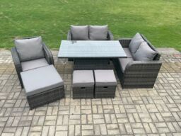 Fimous Rattan Furniture Garden Dining Set Outdoor Height Adjustable Rising lifting Table Love Sofa Chair With 3 Footstools in Dark Grey - thumbnail 2
