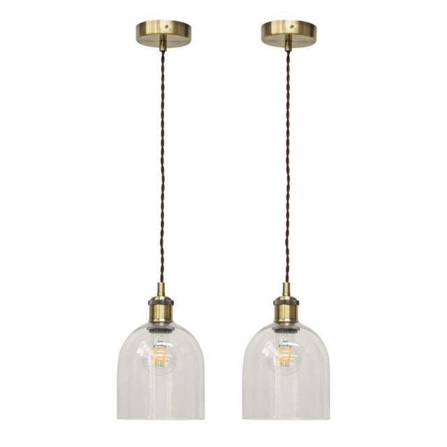 First Choice Lighting Set of 2 Belten - Clear Glass Cloche Antique Brass Retro Pendants - image 1