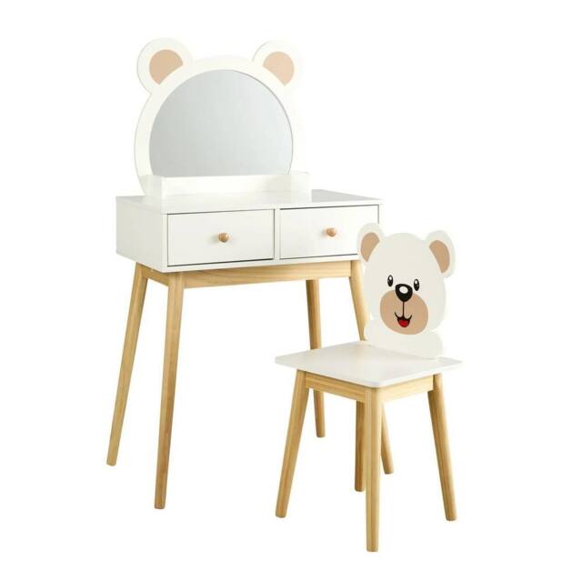 FORGEVIO 2 Drawer Dressing Table Set With Built-In Mirror Stool Wooden Legs in White - image 1
