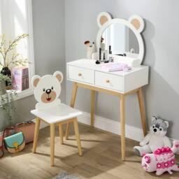 FORGEVIO 2 Drawer Dressing Table Set With Built-In Mirror Stool Wooden Legs in White - thumbnail 3