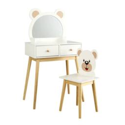 FORGEVIO 2 Drawer Dressing Table Set With Built-In Mirror Stool Wooden Legs in White - thumbnail 1
