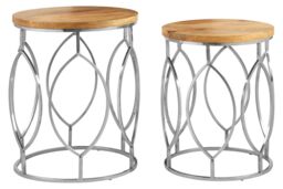 Orsina Set of 2 Mango Wood Side Tables, Natural Grain Wooden Top With Silver Stainless Steel Base, Functional Tables - thumbnail 3