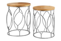 Orsina Set of 2 Mango Wood Side Tables, Natural Grain Wooden Top With Silver Stainless Steel Base, Functional Tables