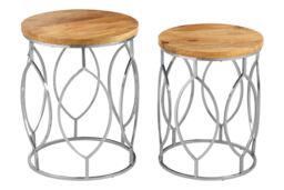 Orsina Set of 2 Mango Wood Side Tables, Natural Grain Wooden Top With Silver Stainless Steel Base, Functional Tables - thumbnail 2
