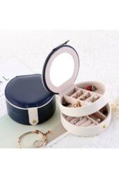 KDMD Women's Round 2 Layer PU Leather Jewelry Box Portable with Mirror in White - thumbnail 8