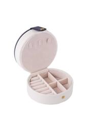 KDMD Women's Round 2 Layer PU Leather Jewelry Box Portable with Mirror in White - thumbnail 4