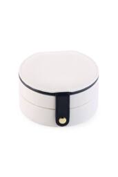KDMD Women's Round 2 Layer PU Leather Jewelry Box Portable with Mirror in White - thumbnail 2