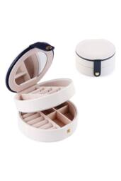 KDMD Women's Round 2 Layer PU Leather Jewelry Box Portable with Mirror in White - thumbnail 1