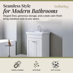 Balterley Bathroom Floor 2-Door Vanity Unit & Fireclay Basin, Satin White, 500mm in White - thumbnail 2
