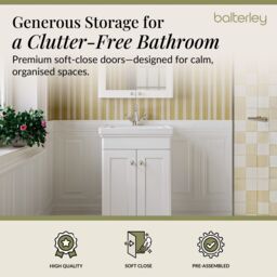 Balterley Bathroom Floor 2-Door Vanity Unit & Fireclay Basin, Satin White, 500mm in White - thumbnail 3