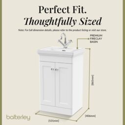 Balterley Bathroom Floor 2-Door Vanity Unit & Fireclay Basin, Satin White, 500mm in White - thumbnail 5