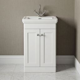 Balterley Bathroom Floor 2-Door Vanity Unit & Fireclay Basin, Satin White, 500mm in White - thumbnail 9