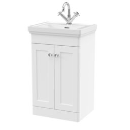 Balterley Bathroom Floor 2-Door Vanity Unit & Fireclay Basin, Satin White, 500mm in White - thumbnail 1