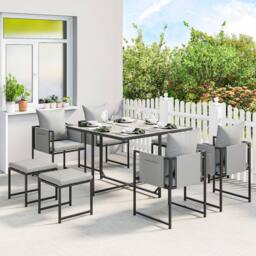 OUTSUNNY 8 Seater Garden Dining Set, Cube Garden Furniture with Cushions in Dark Grey - thumbnail 1