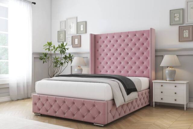 "Comfort Beds Emily Plush Bed Frame With Mattress-50"" Upholstered Wingback in Pink - Size: King" - image 1